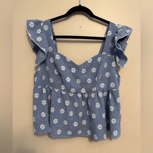 SHEIN Blue Gingham Floral Blouse NWT